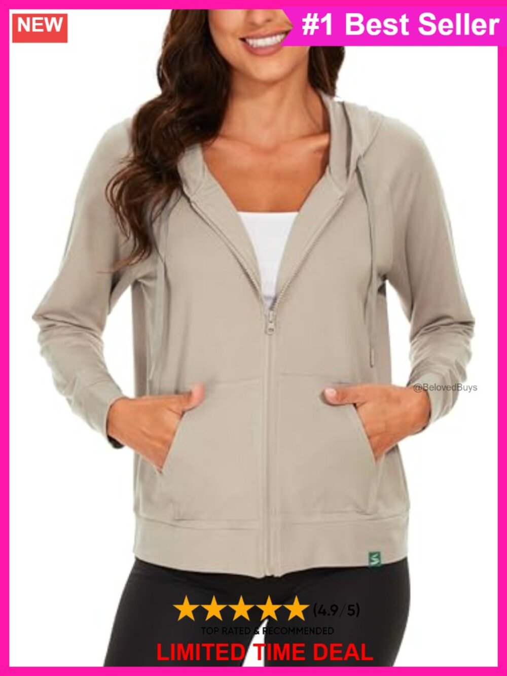 Bamboo Viscose Terry Full Zip Lightweight Hoodie Relaxed Kangaroo Pocket